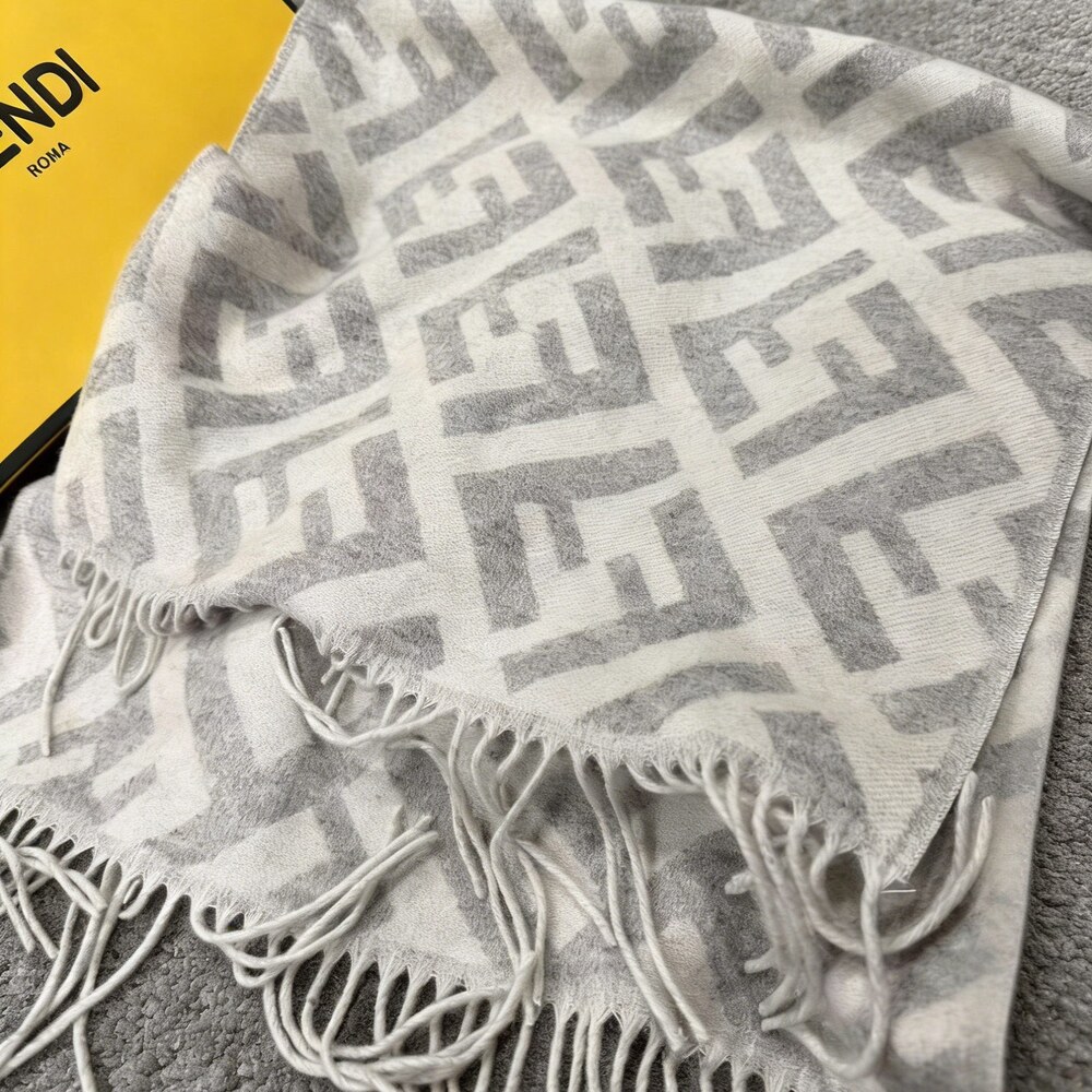 Fendi Ivory Pale Gray FF Long Fringe Scarf - Picture 3 of 4